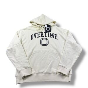 NWT $75 Overtime Varsity Pullover Oversize Hoodie Spellout Cream Black Mens Sz M